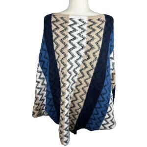 NEW On Blue Dolman Sleeve Mixed Print Blue Tan Boat Neck Sweater Size L